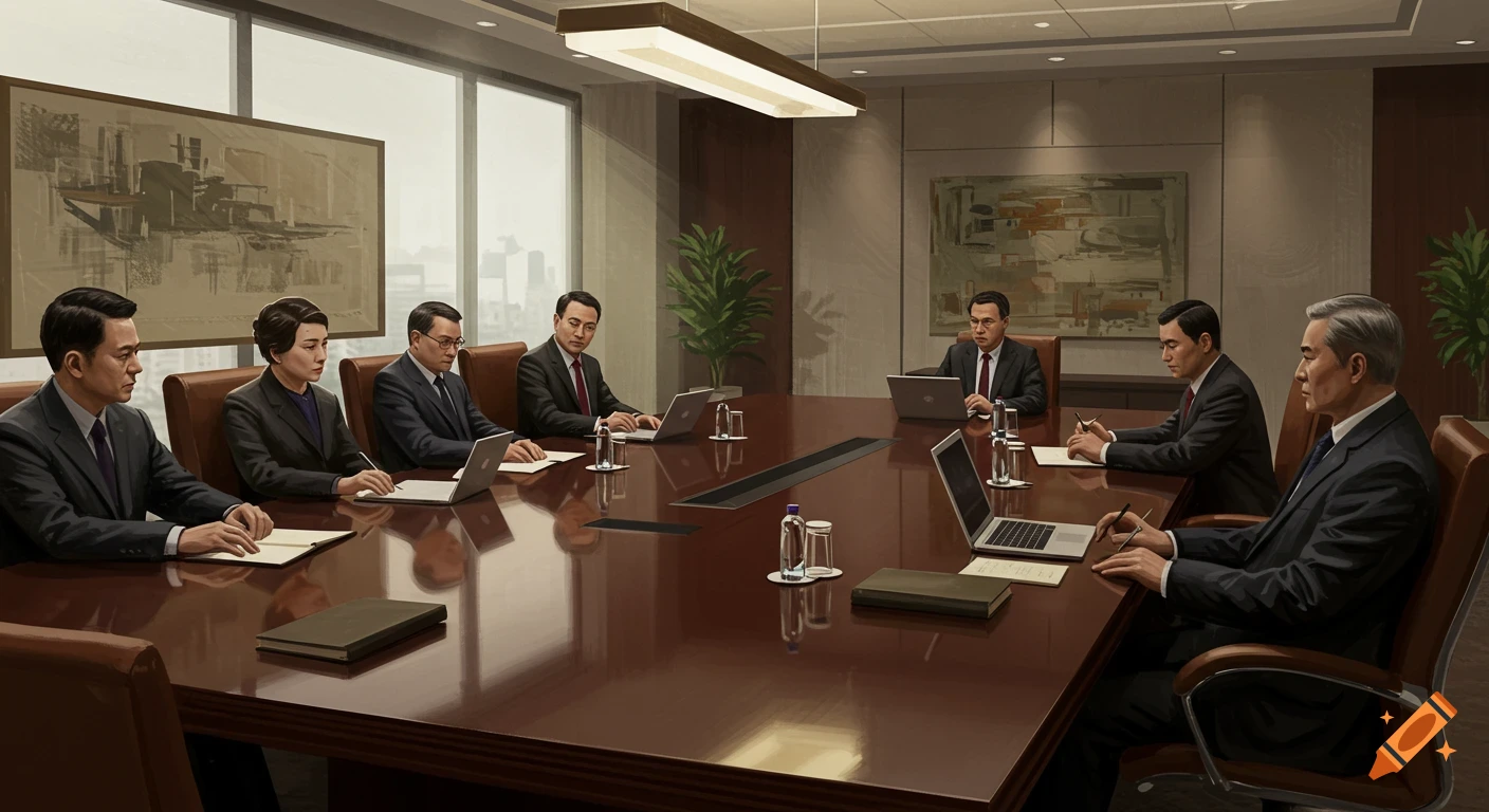 Business professionals in suits sit around a large conference table in a modern meeting room with city views.