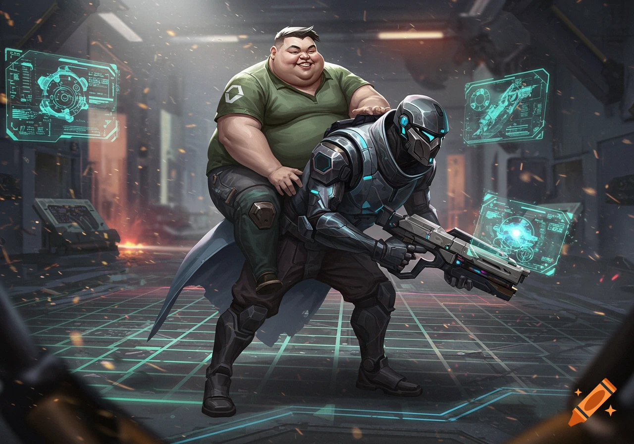 A smiling, overweight man in a green shirt rides piggyback on a futuristic armored soldier holding a rifle, surrounded by holographic displays in a sci-fi setting.