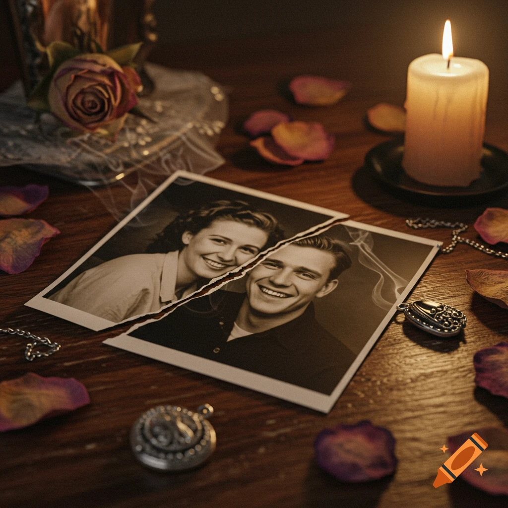 A torn black and white photo of a smiling couple on a dark wooden table with rose petals, a lit candle, and decorative lockets.