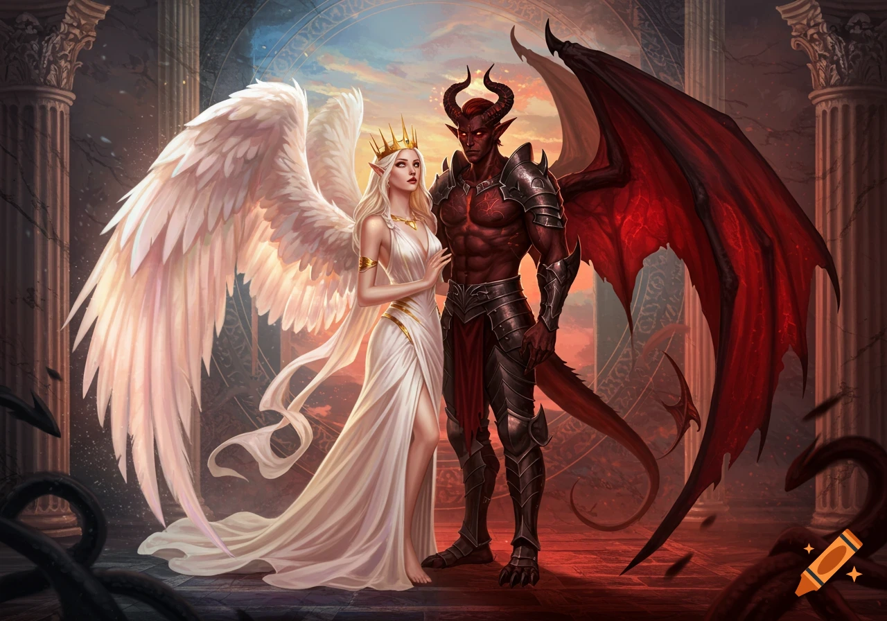A blonde angel with white wings and a red demon with dark wings stand together in an ornate, split light and dark setting.