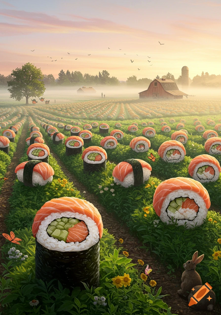 A whimsical farm field grows rows of large sushi rolls with salmon and cucumber, a barn in the misty distance, with butterflies and a rabbit.
