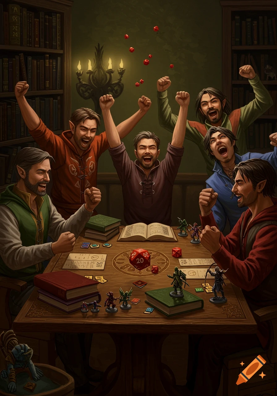 A group of six excited men with elf ears cheer around a table covered in D&D miniatures, dice, and open books in a richly detailed room.