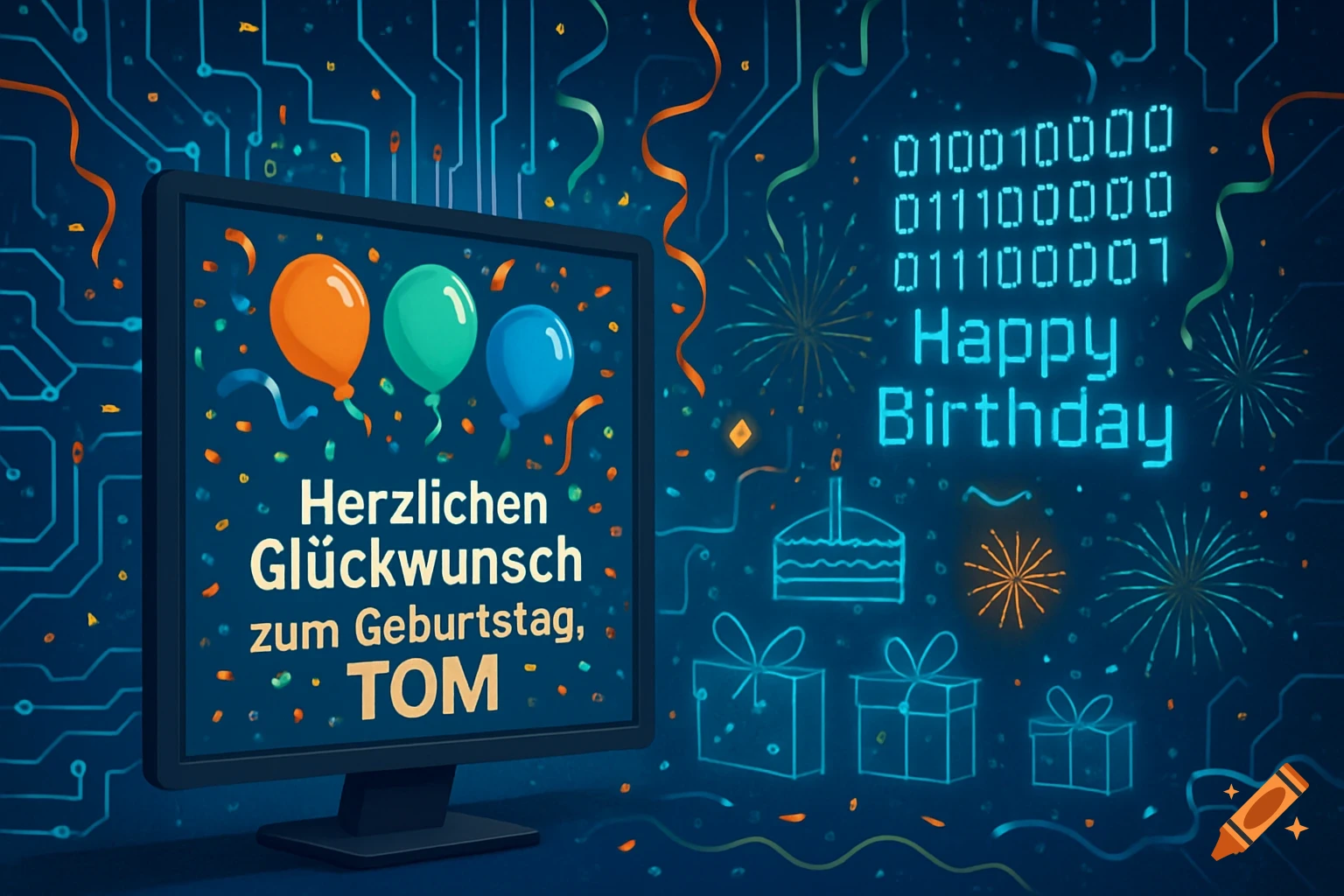 A computer monitor displays 'Happy Birthday' and 'Herzlichen Glückwunsch zum Geburtstag, TOM' with balloons, confetti, and IT-themed elements.