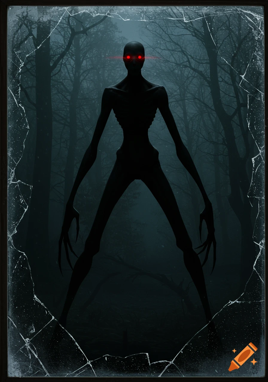 A tall, skeletal black creature with glowing red eyes stands in a dark, misty forest, viewed through a cracked window.