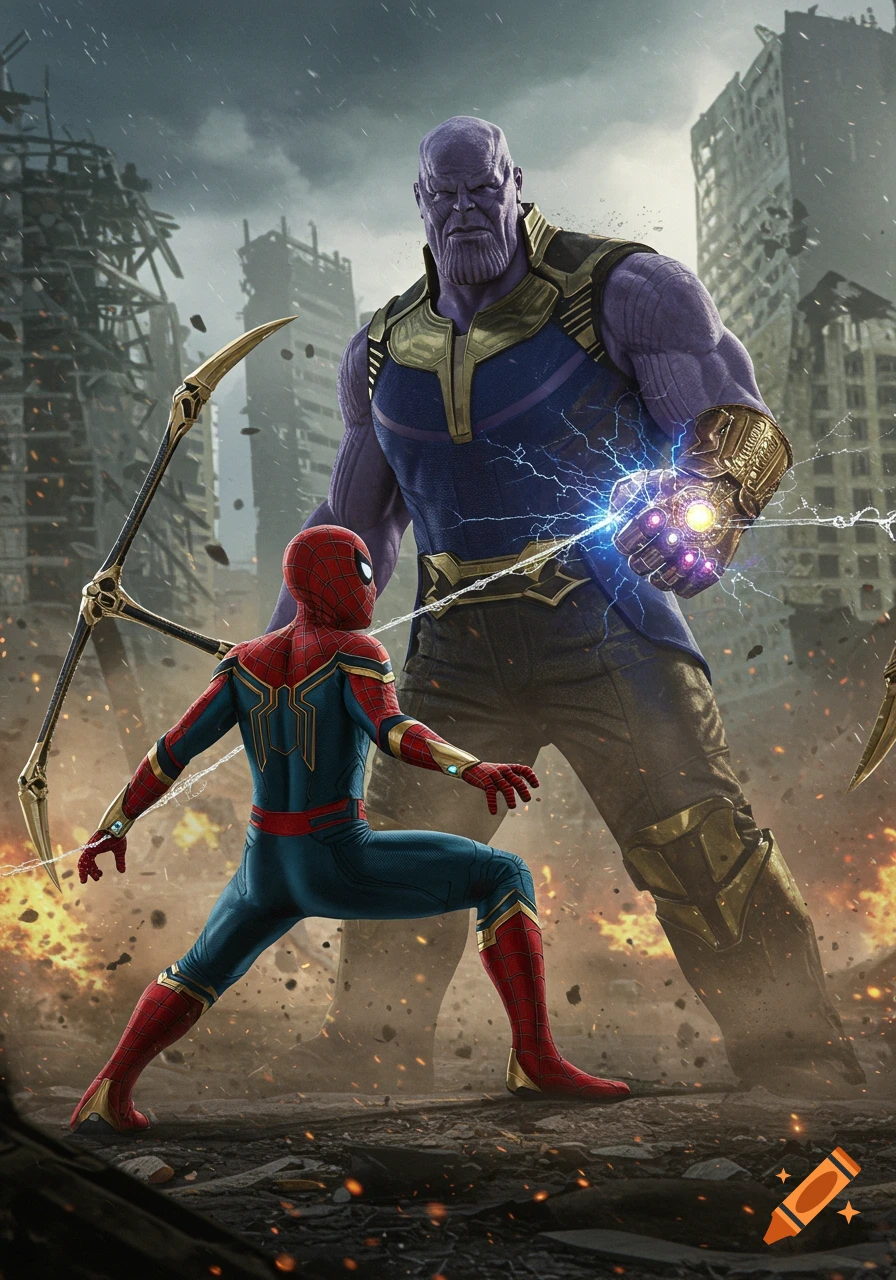 Iron Spider-suited Spider-Man confronts Thanos, who emanates energy from the Infinity Gauntlet, in a ruined city.