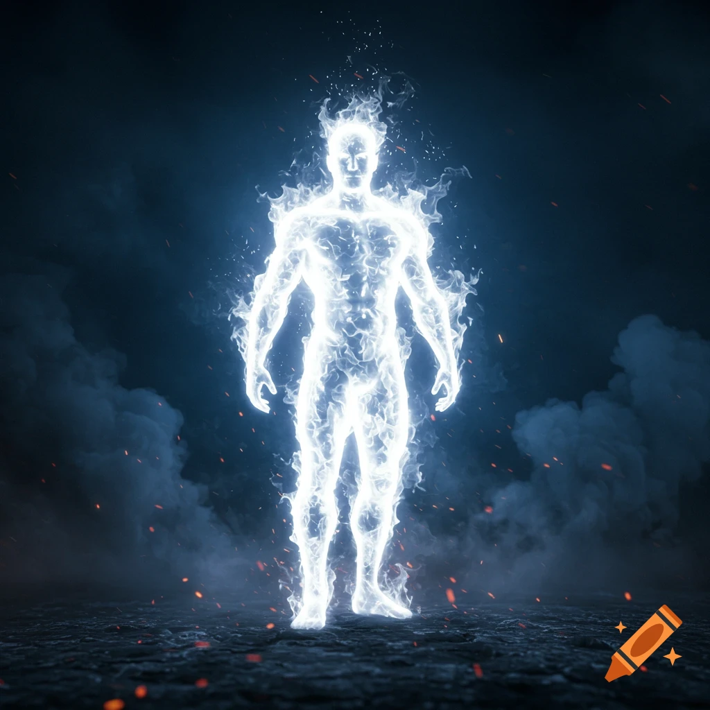 A glowing, ethereal white fire man silhouette stands amidst smoke and embers on a dark, textured ground.