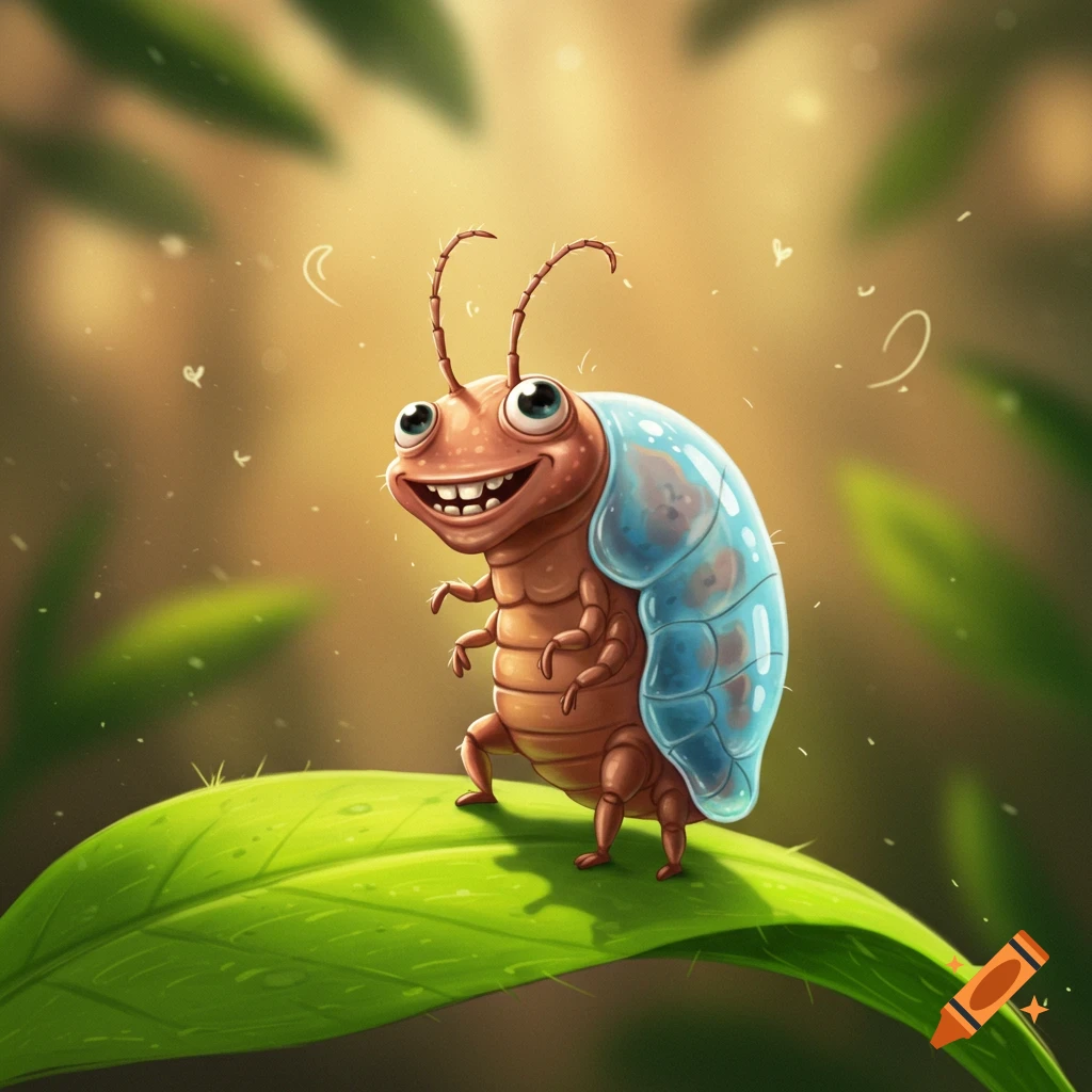 A cute, smiling cartoon bug with a blue shell and big eyes stands on a green leaf, with a blurred natural background.