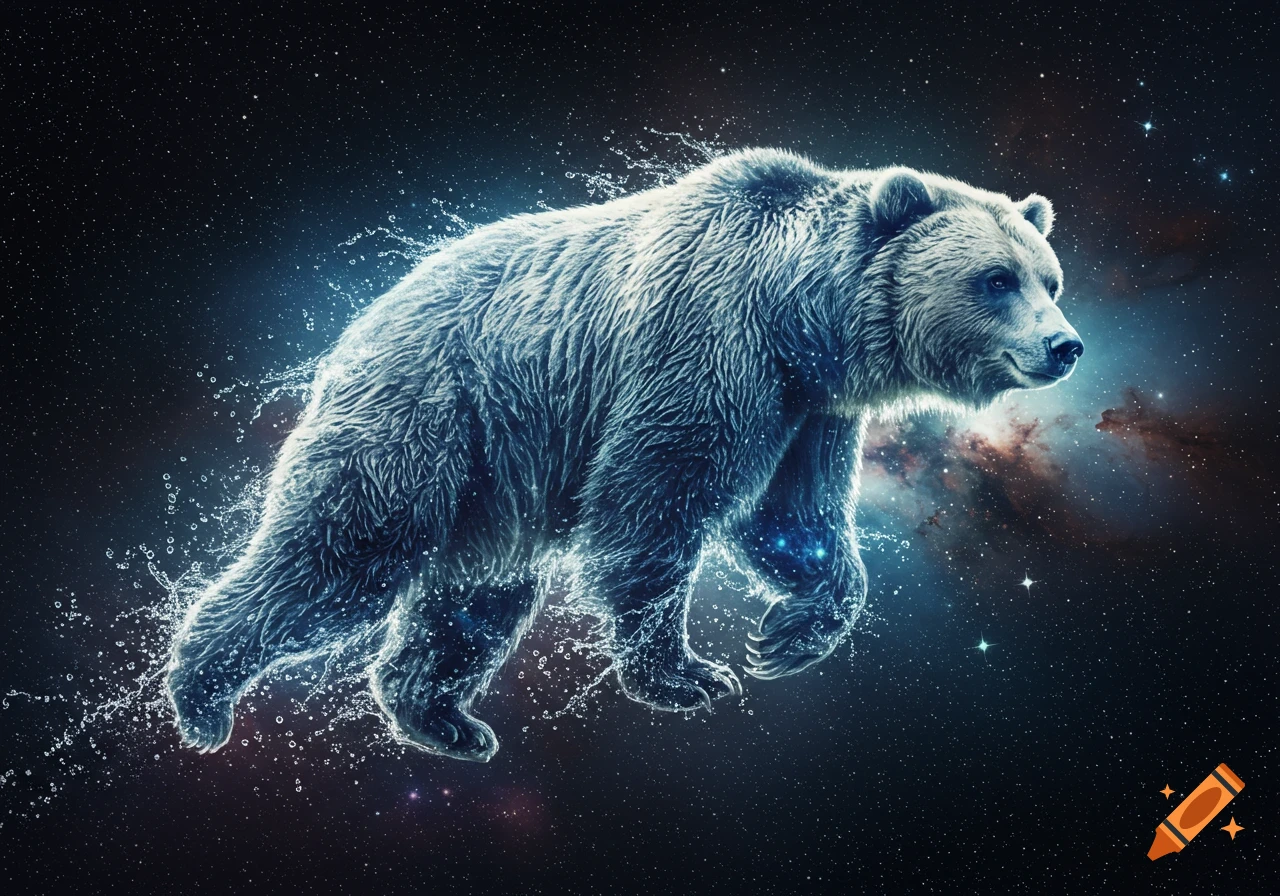 A majestic bear, glowing blue and shedding water, floats in deep space among stars and nebulae.