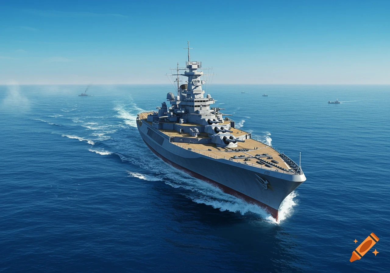 A large grey battleship sails on a deep blue ocean, leaving a white wake under a clear blue sky, with other ships in the distance.