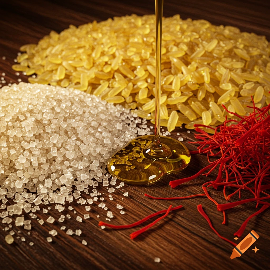 Photorealistic close-up of a stream of golden oil pouring onto a wooden surface, surrounded by piles of rice, sugar, and red saffron.