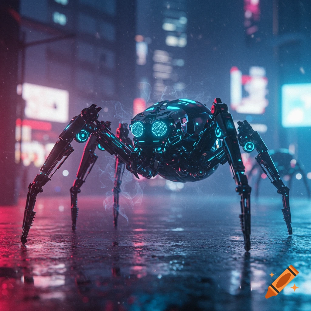A detailed robotic spider with glowing blue lights on a wet, neon-lit cyberpunk city street at night.