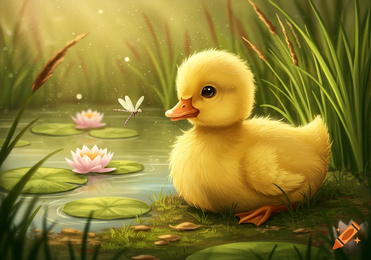 A fluffy yellow duckling looks at a dragonfly over a pond with pink lily pads and green grass, in a whimsical illustration.