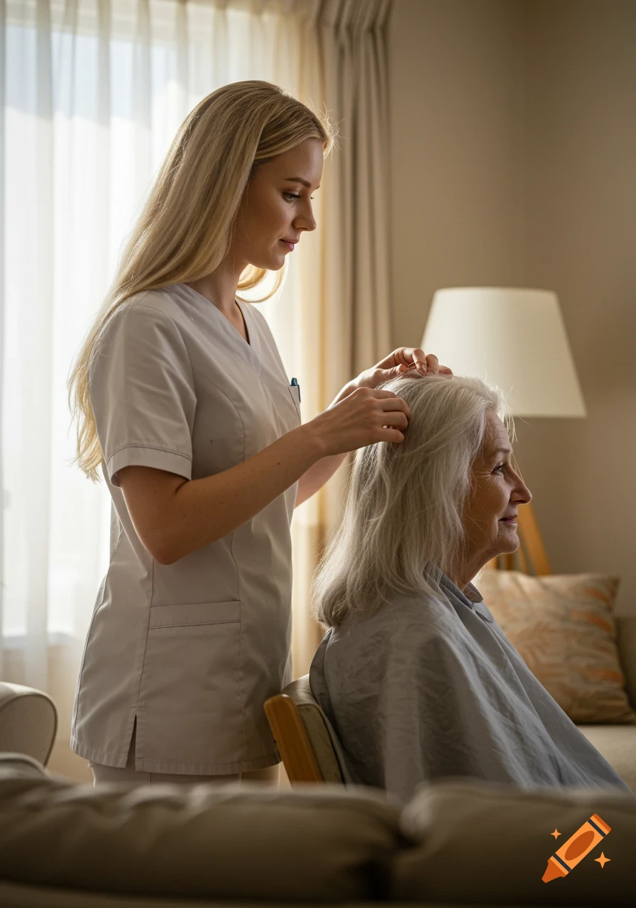A young blonde carer styling the hair of an elderly woman, who is seated and covered by a cape, in a bright room.