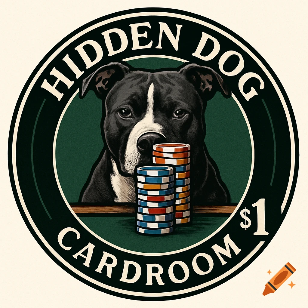 Illustration of a black and white pit bull in a 'Hidden Dog Cardroom $1' logo with poker chips.