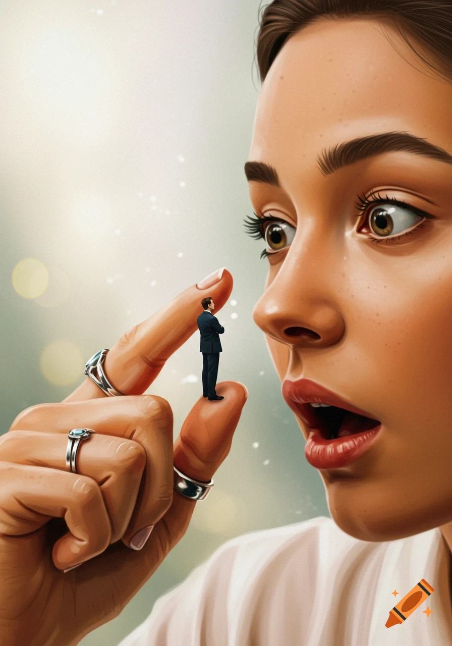 A stylized illustration of a giant woman looking with a surprised expression at a tiny man standing on her fingertip.