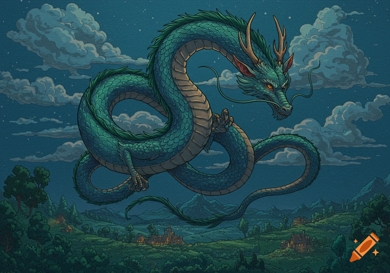 A long, green and teal serpentine dragon with antlers flies over a lush, moonlit village landscape with scattered clouds in an illustrative style.