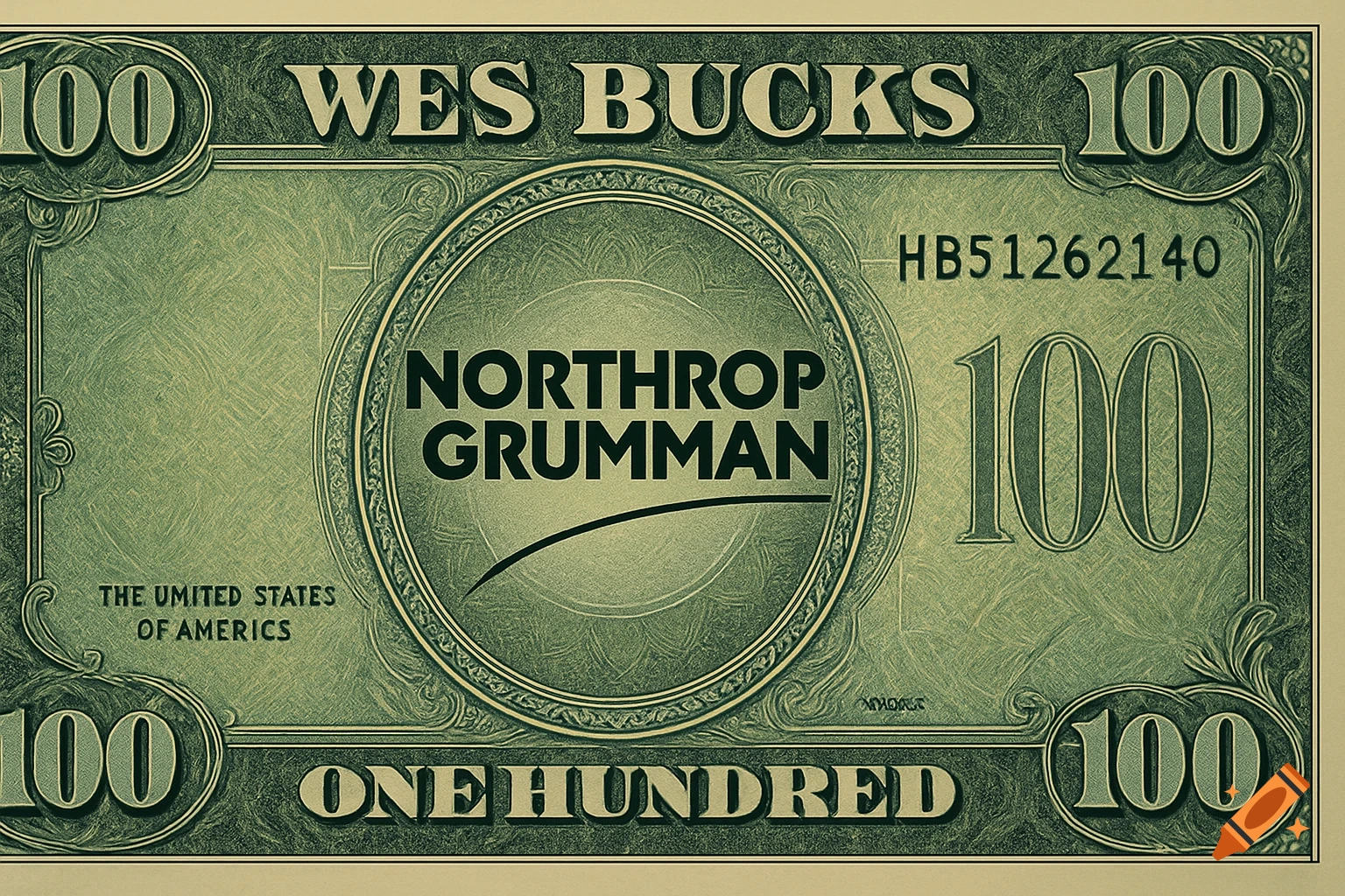 A green stylized 100-dollar bill named 'Wes Bucks' with 'Northrop Grumman' at its center, resembling US currency.