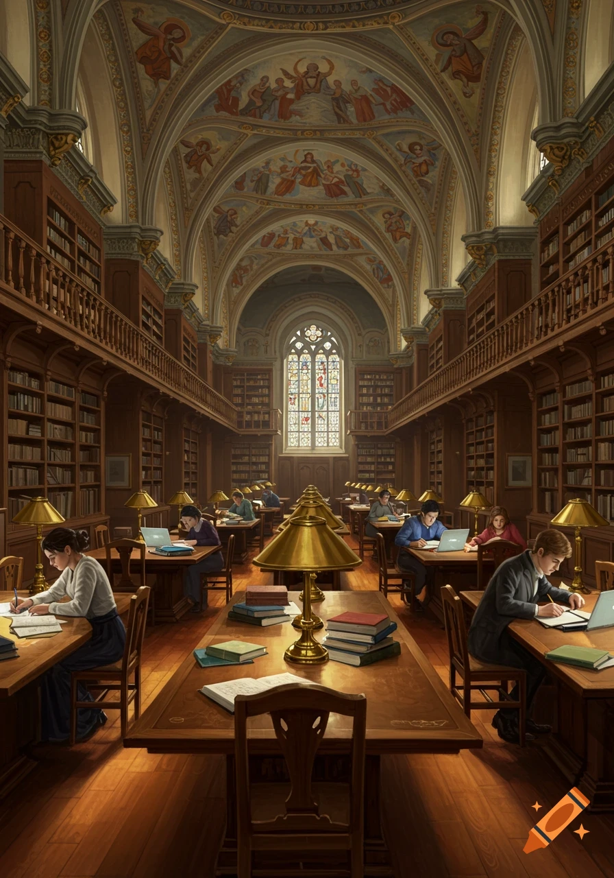 Students study at long wooden tables with brass lamps in a grand library with an ornate ceiling and a stained-glass window.