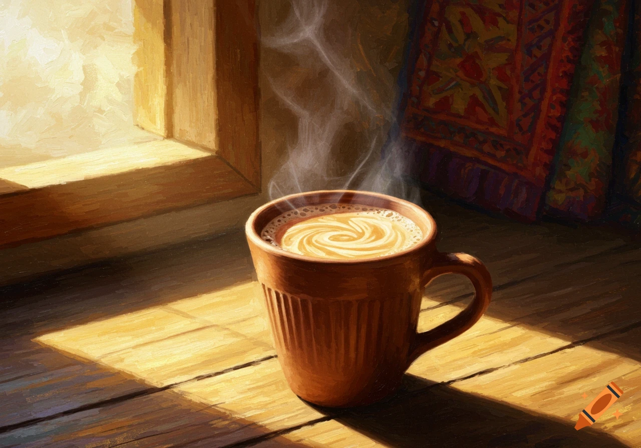 Impressionist oil painting of a steaming clay cup of chai on a wooden surface, sunlight streaming through a window.