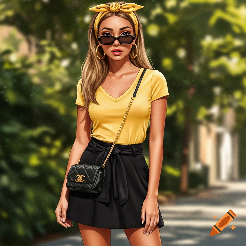 Stylized illustration of a young woman with blonde hair, sunglasses, yellow top, black skirt, and a black handbag.