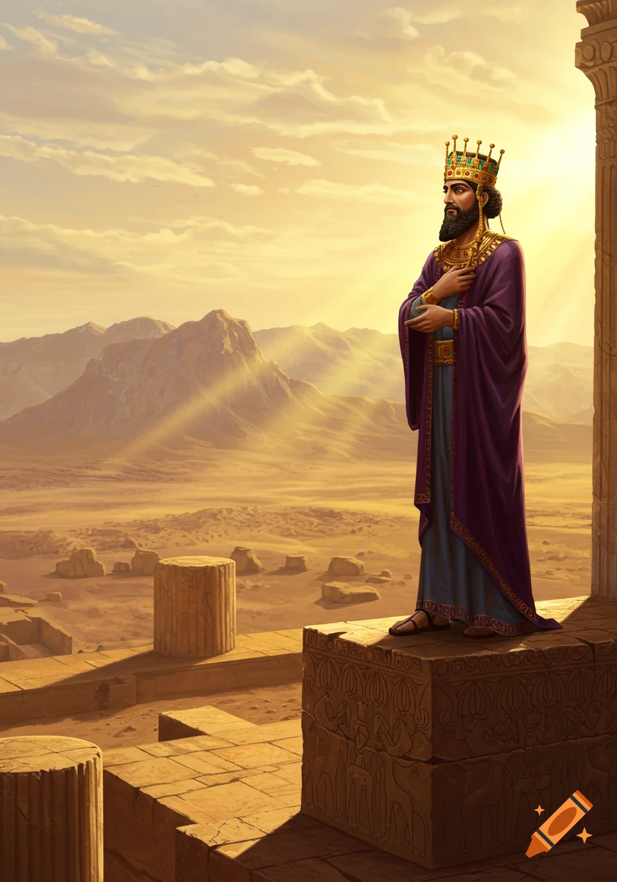 A regal king in a purple robe and golden crown stands on ornate ruins in a vast desert at sunrise.