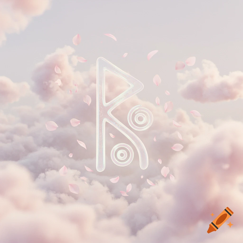 A glowing, stylized rune-like symbol surrounded by soft pink clouds and falling pink petals, with a dreamy aesthetic.