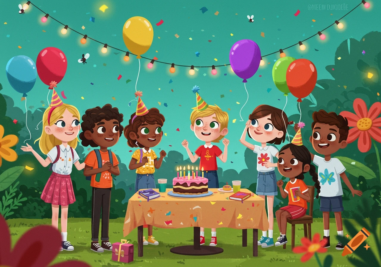 Cartoon illustration of diverse children celebrating a birthday party outdoors with a cake, balloons, and confetti.