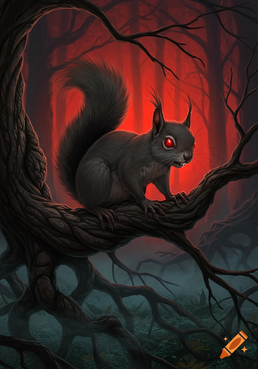 A dark gray demon squirrel with glowing red eyes and sharp teeth perches on a gnarled tree branch in a red-lit, spooky forest.