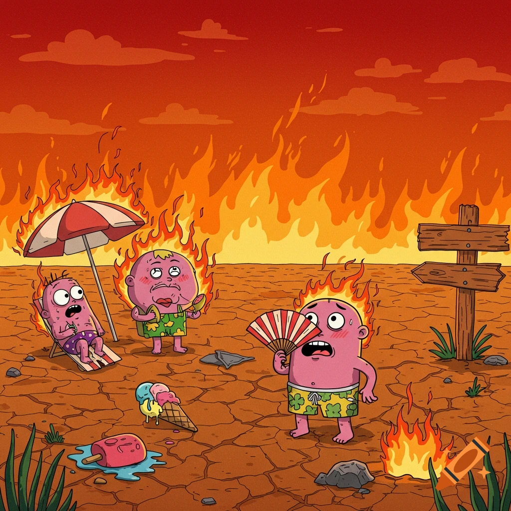 Three pink cartoon characters, on fire, suffering from extreme heat in a fiery desert landscape with melted ice cream, cartoon style.
