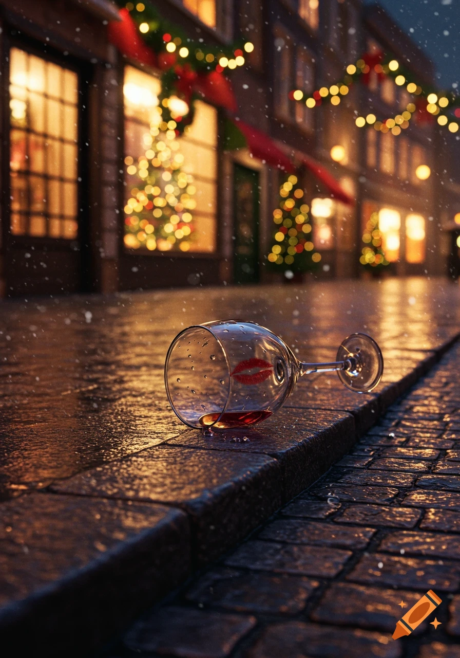 A spilled wine glass with a red lipstick mark lies on a wet, snowy cobblestone street at night, with blurred Christmas lights and decorated buildings in the background.