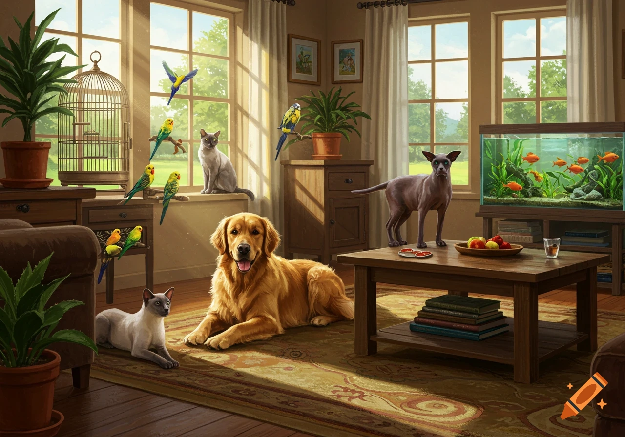 A sunlit living room with a golden retriever, two cats, multiple parakeets, and goldfish in an aquarium.