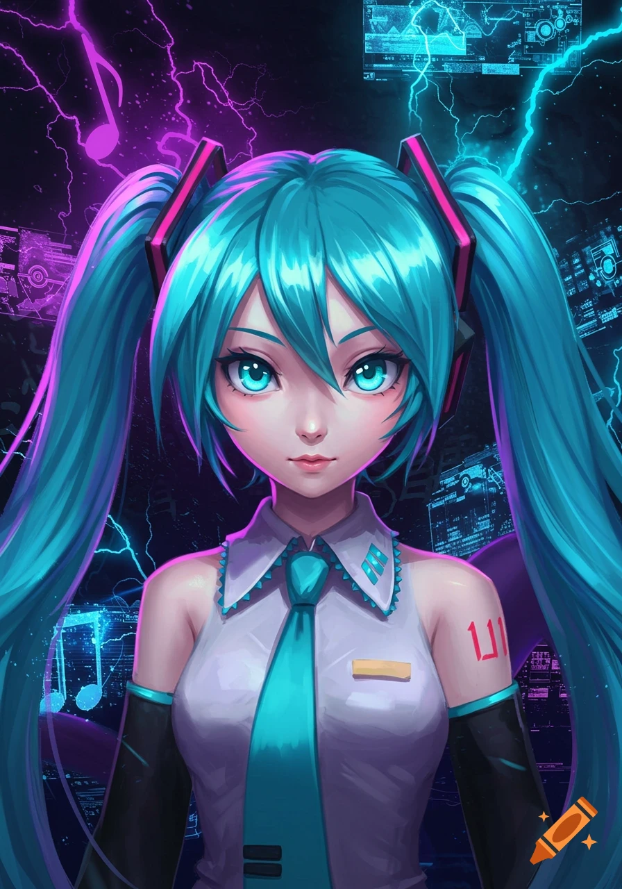 Vibrant digital art of Hatsune Miku with blue pigtails and glowing eyes, surrounded by purple and blue lightning and tech graphics.