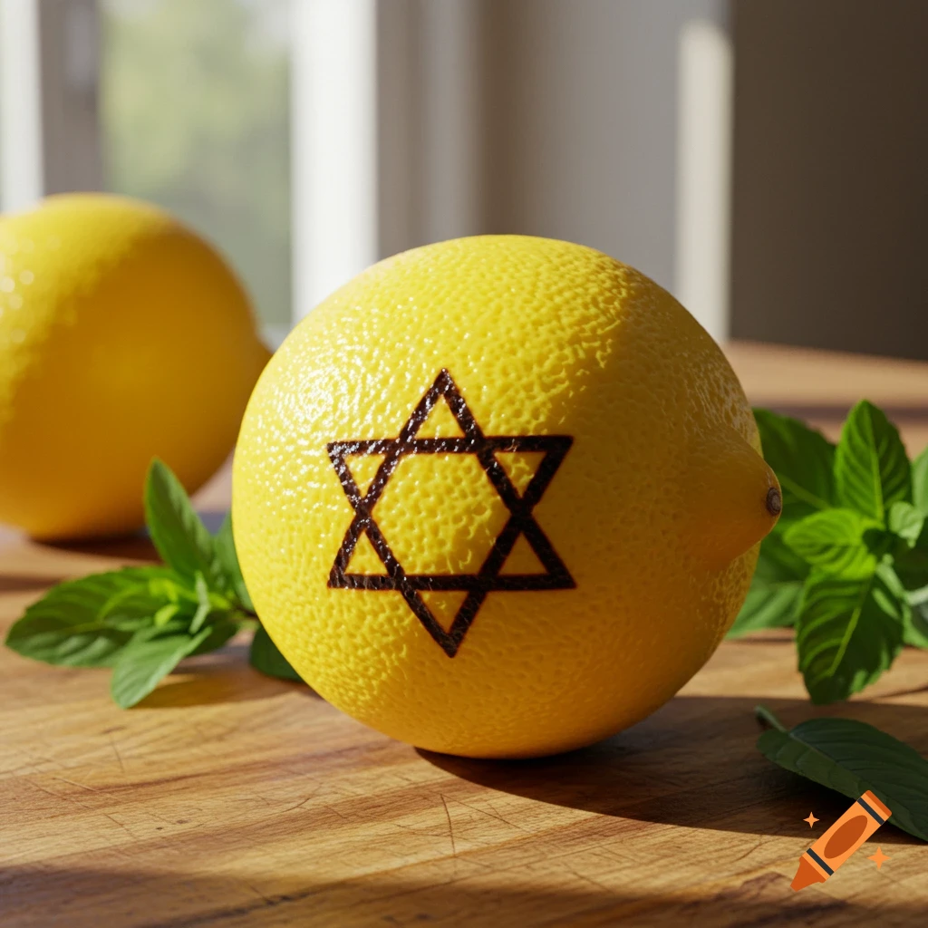 A lemon with a Star of David burnt into its skin sits on a wooden surface with mint leaves, next to another lemon.