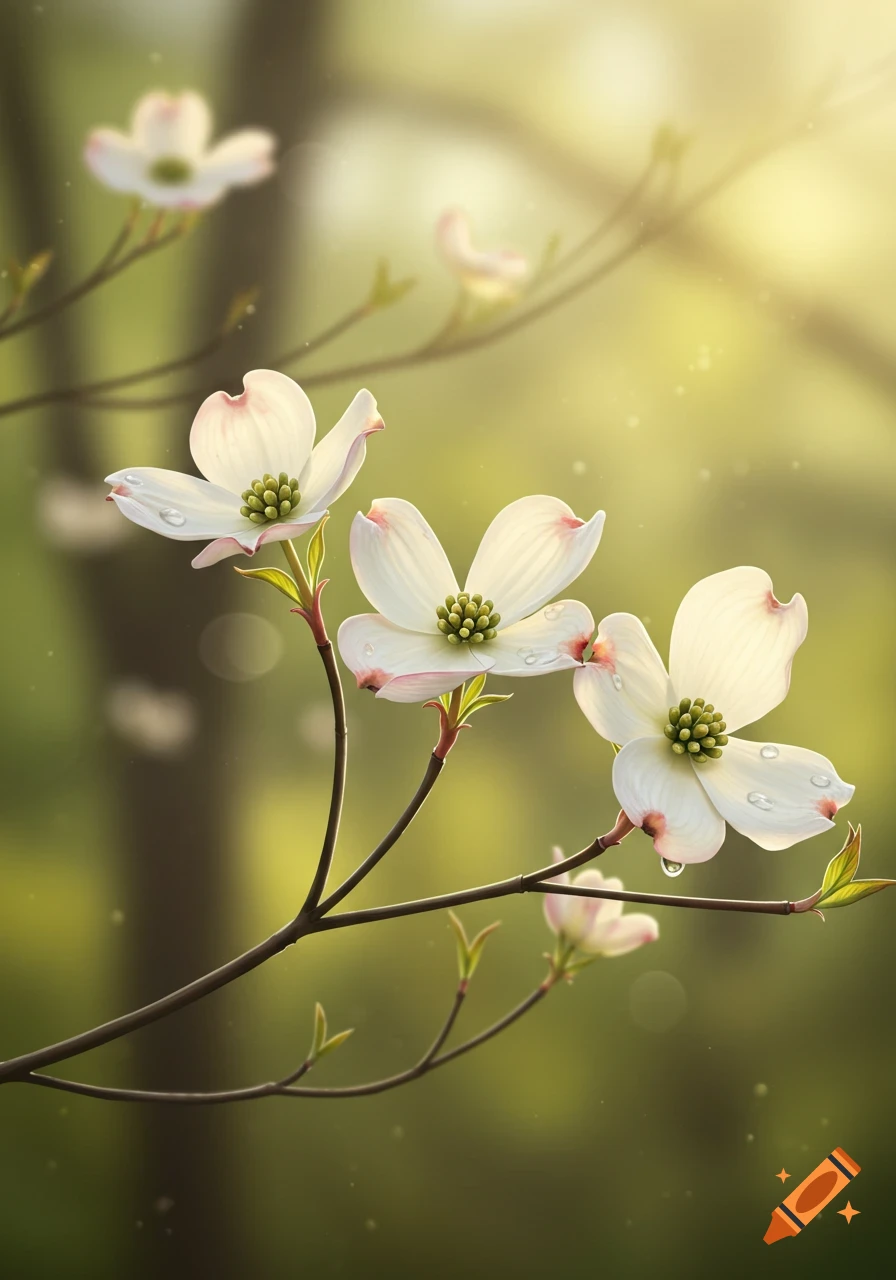 Three white dogwood blossoms with water droplets on a branch, against a soft, sunlit green background.