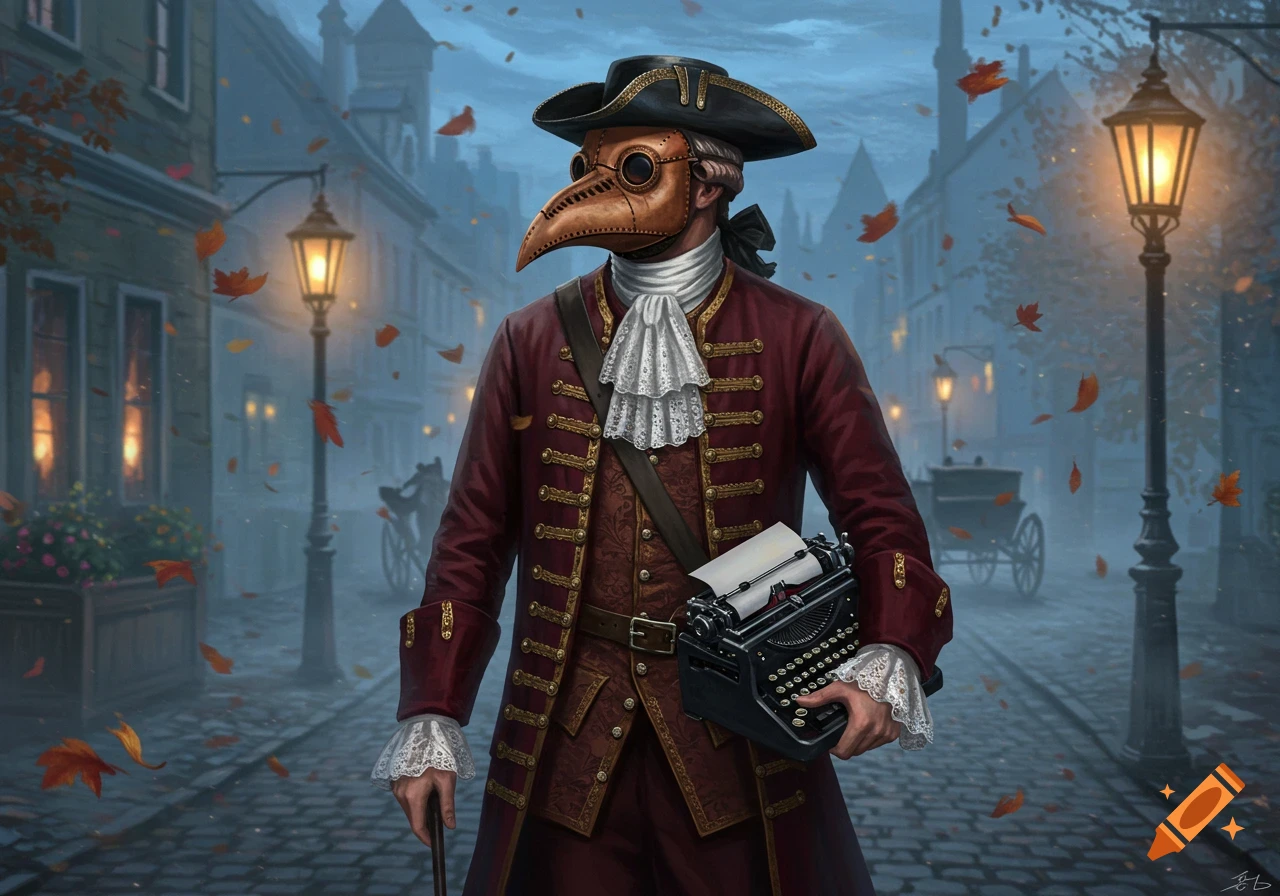 An 18th-century man in a plague doctor mask and tricorn hat walks down a cobblestone street at dusk, carrying a vintage typewriter.