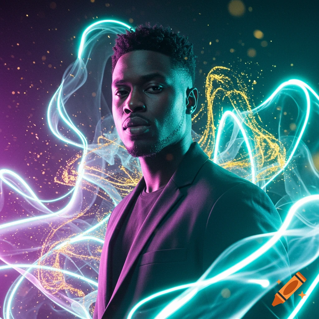 Close-up portrait of a Black man in a dark suit with glowing turquoise and purple neon light effects and gold particles.