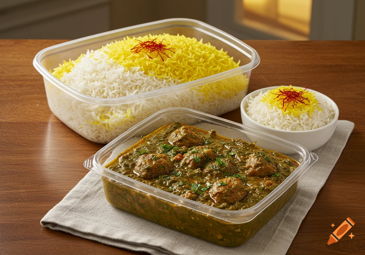 A close-up photorealistic shot of Persian Ghormeh Sabzi stew and saffron rice in clear plastic takeout containers on a wooden table with a cloth.