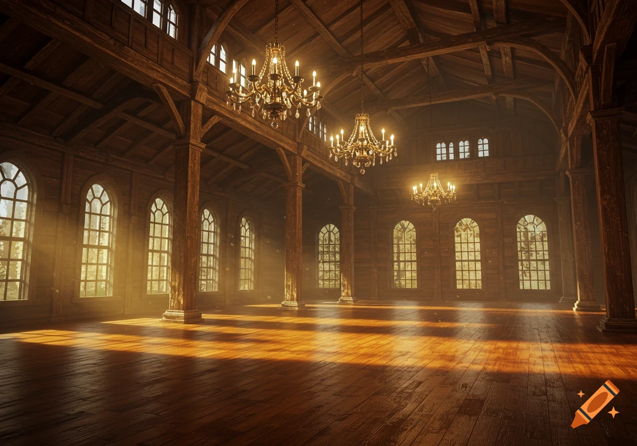 A grand, empty wooden hall with tall arched windows and three elaborate chandeliers, bathed in warm light streaming from outside.