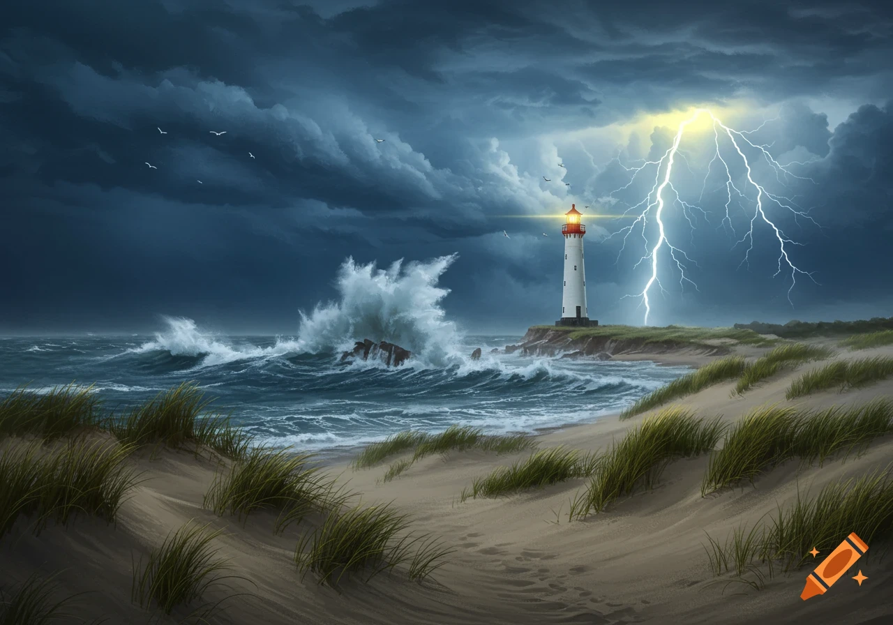 Photorealistic image of a lighthouse on a stormy coast with lightning, crashing waves, and sandy dunes.