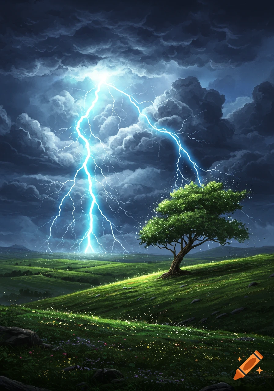 A vibrant green landscape with a lone tree under a dark, stormy sky illuminated by bright blue lightning strikes.