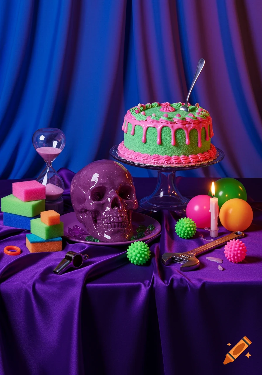 A vibrant still life featuring a purple skull, a green and pink cake, sponges, and various objects on a purple satin tablecloth against blue curtains.