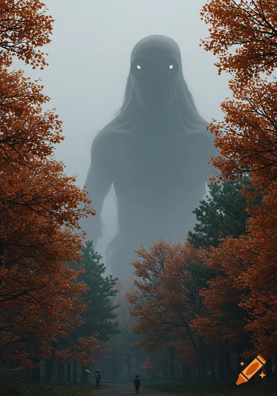 A giant, shadowy humanoid figure with glowing eyes looms over a misty autumn forest path with two small figures.