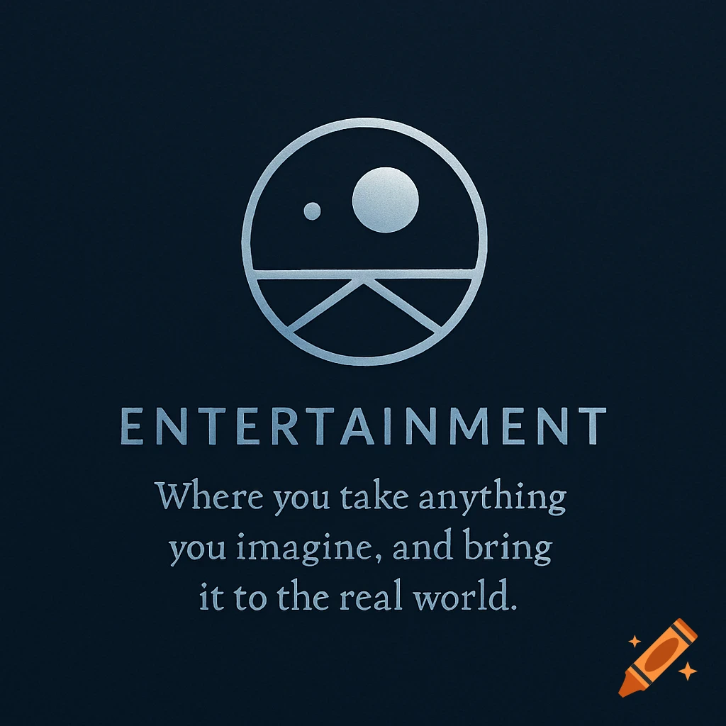 A minimalist logo for an entertainment company with a circular abstract design featuring a large and small dot, above the word "ENTERTAINMENT" and a slogan on a dark blue background.
