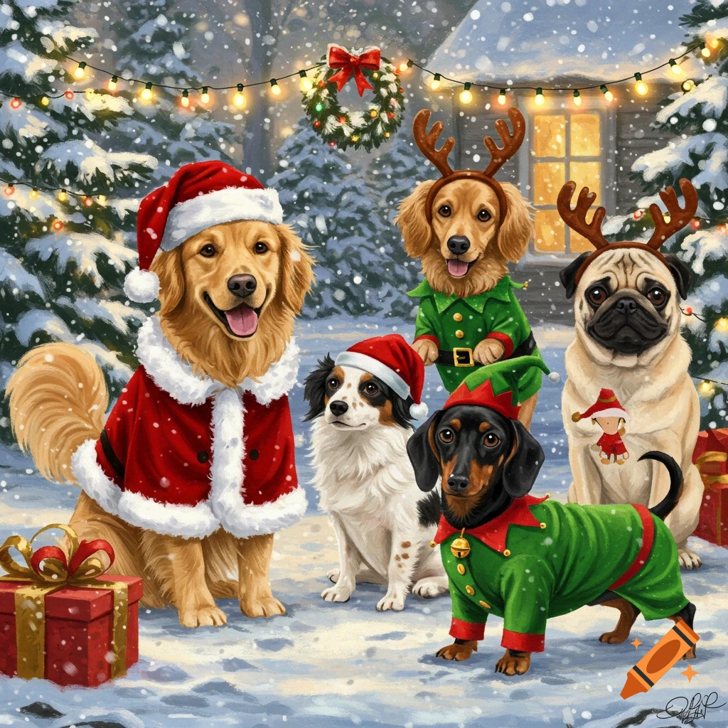 Five dogs in Christmas costumes (Santa, elf, reindeer) stand in a snowy winter scene with festive lights, trees, and presents.