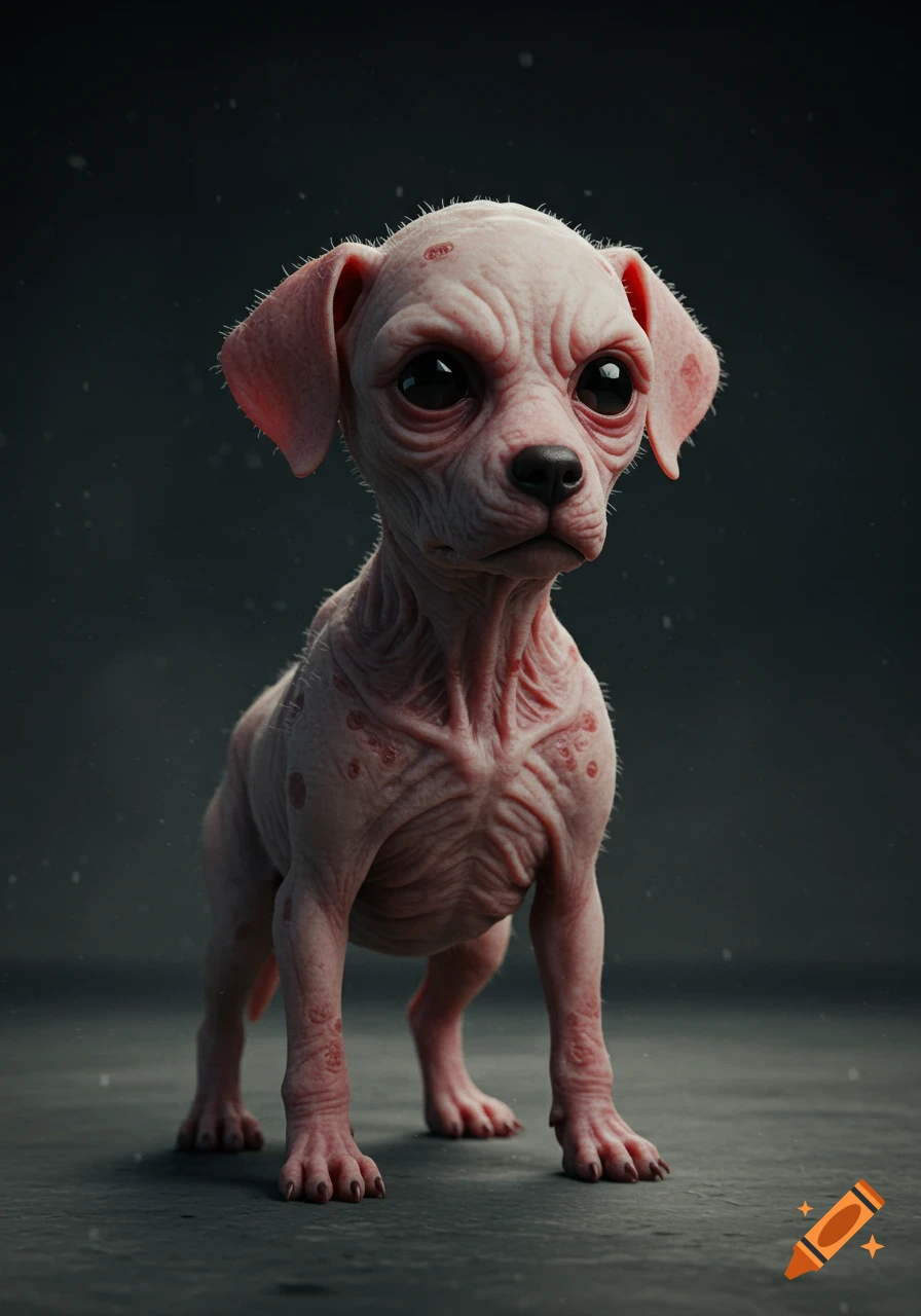 Photorealistic close-up of a hairless, pink, wrinkled puppy-like creature with large black eyes on a dark background.