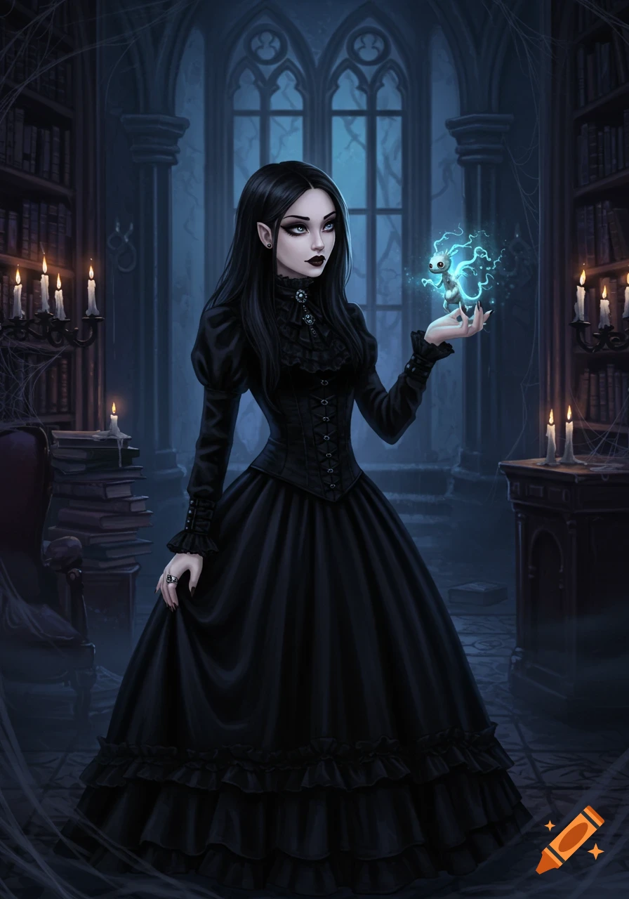 A gothic woman with long black hair and a black dress stands in a dark, ornate library, holding a glowing blue creature.