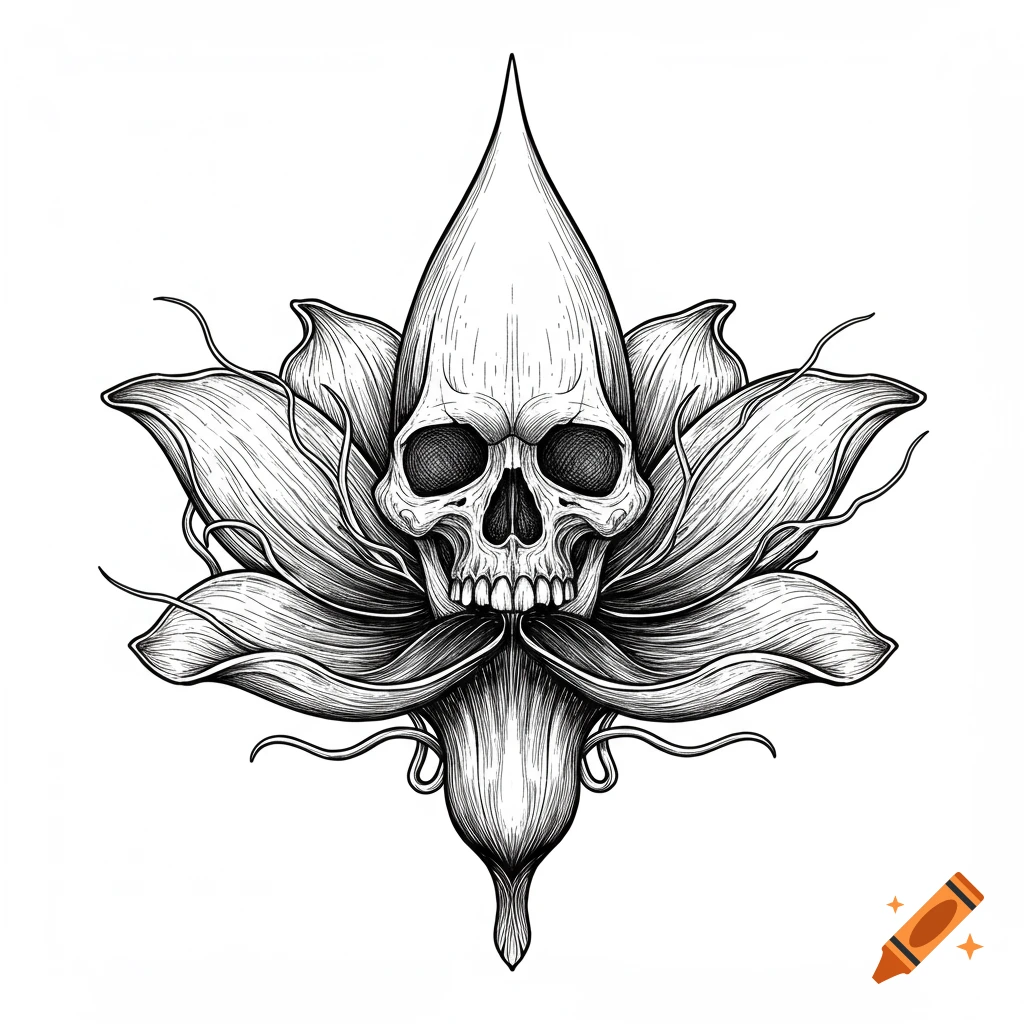 Black and white line art of a skull at the center of a stylized flower seed with tendrils.