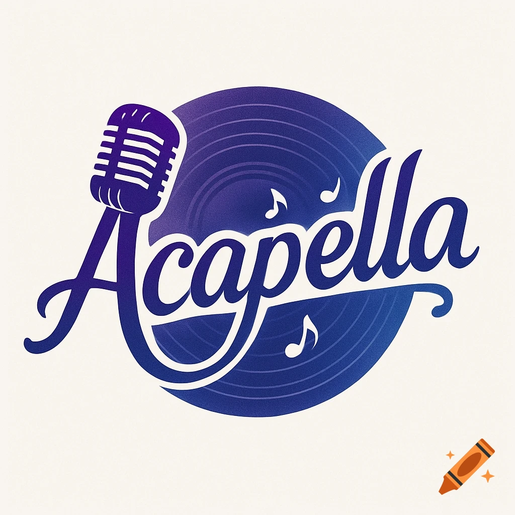 A purple and blue Acapella logo with a vintage microphone, musical notes, and a vinyl record pattern.