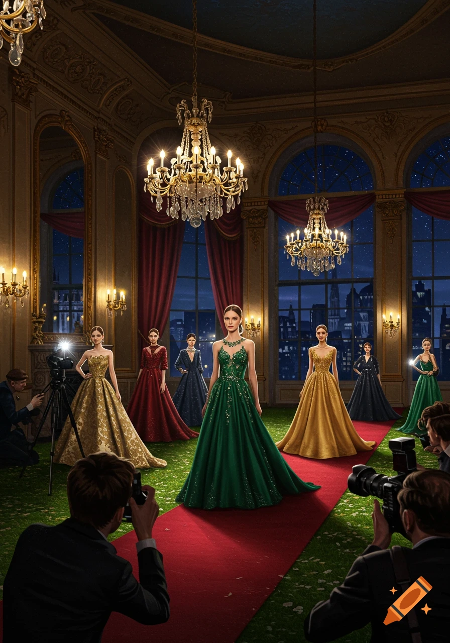 Women in lavish gowns on a red carpet being photographed in a grand hall with chandeliers, photorealistic style.