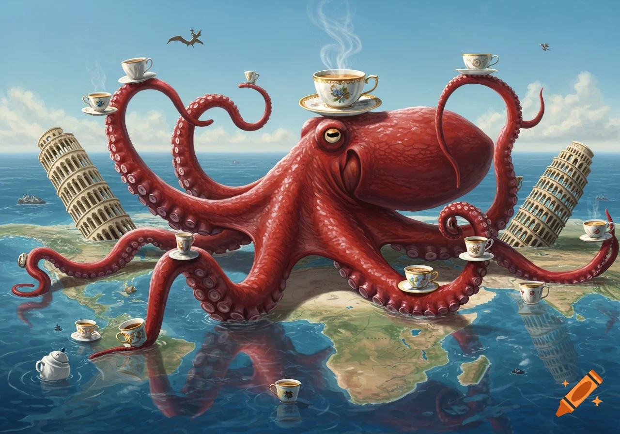 A giant red octopus sits on a world map in the ocean, balancing teacups on its tentacles, with two Leaning Towers of Pisa. Surreal art style.